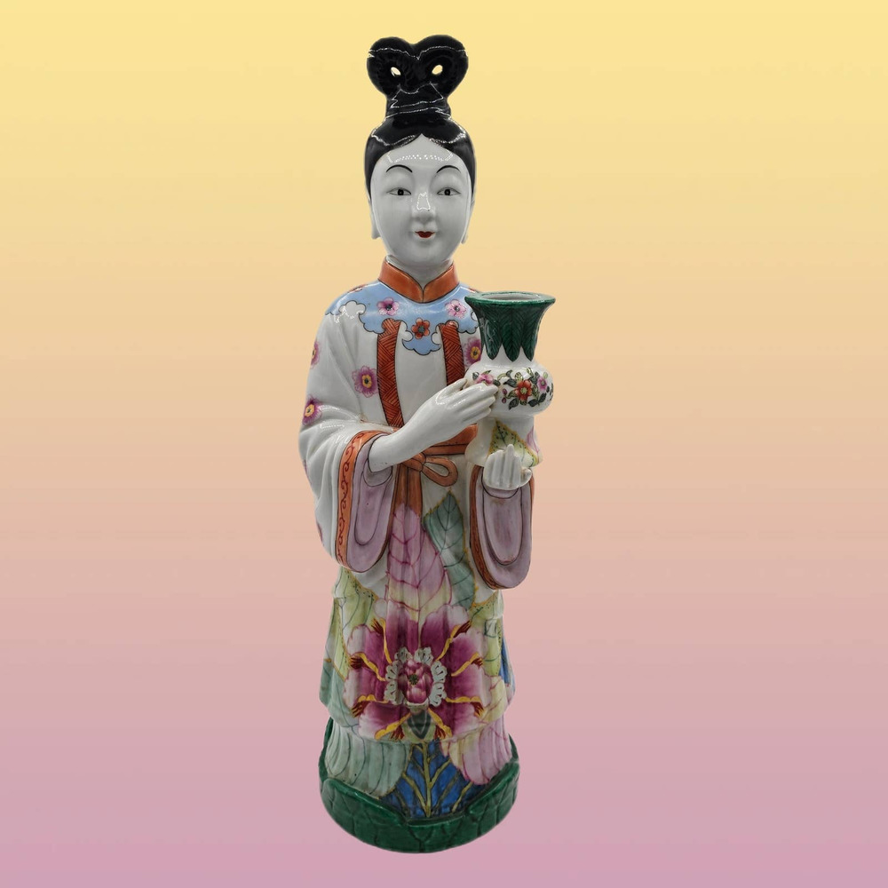 Vintage Gump's Chinese Export Porcelain Court Lady Vase Candleholder 17.5"